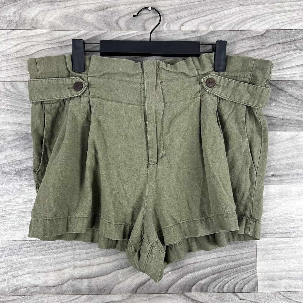 Rewash‎ Shorts Women XL Green Pockets Pull On Ruffle Button Accent Linen Blend